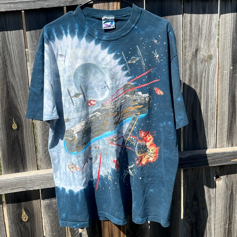 Vintage 1997 Star Wars Millenium Falcon Death Star Liquid Blue tie dye tshirt